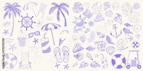 Collection of purple hand drawn beach and summer vacation elements on a light background