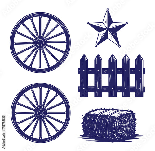 Rustic western style vector illustration featuring wagon wheels star fence and hay bale