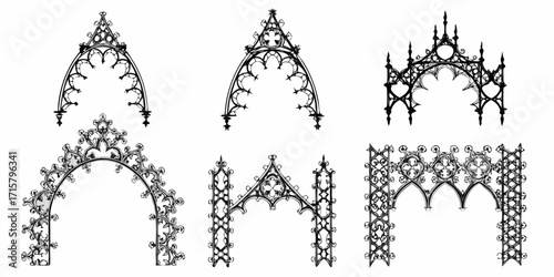 Collection of ornate gothic architectural elements including pointed arches and decorative tracery designs