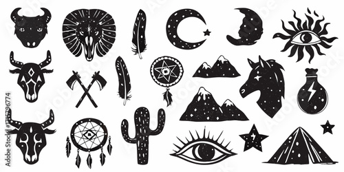 Collection of hand drawn black and white tribal and mystic symbols with celestial and nature elements