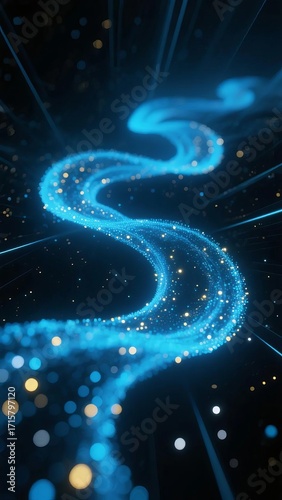 Abstract blue particle trail forming a swirling pattern against a dark background with glowing dots and light rays