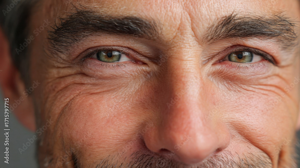Obraz premium Close-up of smiling eyes of a man with natural wrinkles on his skin and expressive facial details
