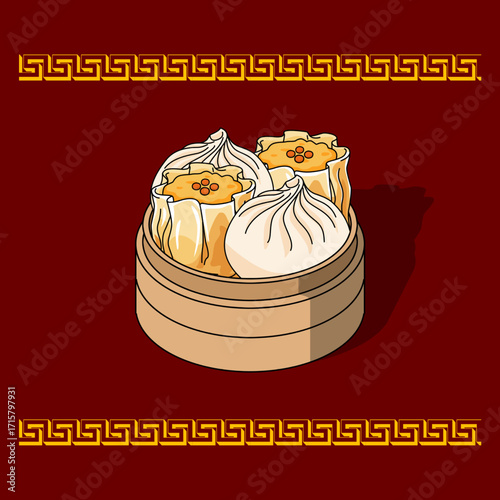 Meat and vegetable dumplings in a bamboo steamer on a maroon background. A typical Chinese dish. Perfect for celebrating National Dumpling Day on September 26th.