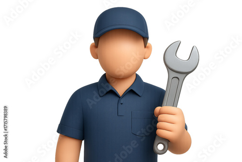 Cartoon Mechanic with Wrench 3D Icon on Transparent Background for Service & Repair Designs - Perfect for Digital Graphics