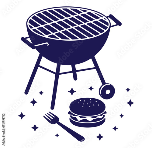 Vector illustration of a barbecue grill with burger fork and decorative star elements