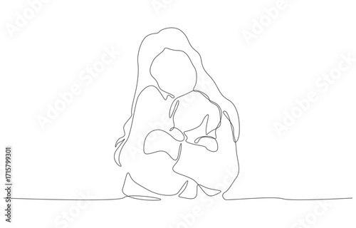 Continuous one line drawing of young girl hugging her pet dog happily, single line art.