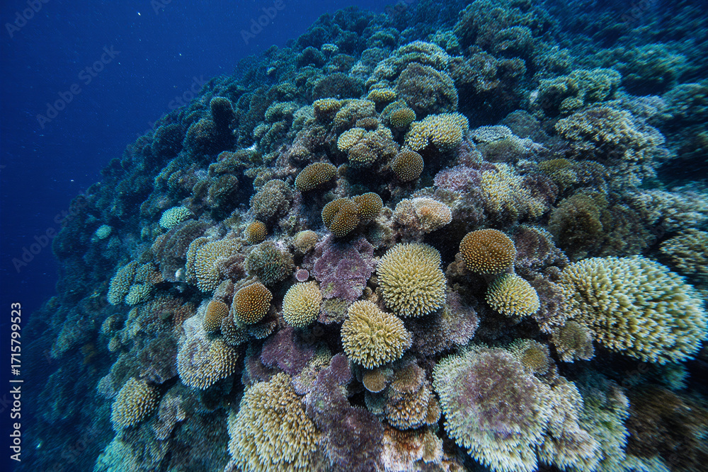 Naklejka premium Underwater photo of a coral reef with various round, spiky corals in shades of beige, brown, and green, set against a dark blue ocean background.