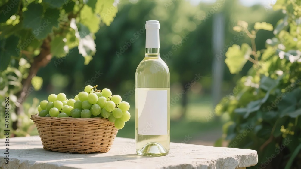 Fototapeta premium Bottle of white wine and basket of green grapes on stone table in vineyard