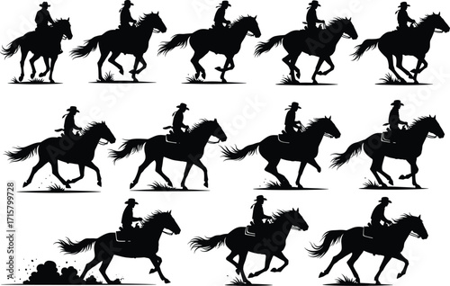 Horse gallop silhouette, rider motion sequence, cowboy on horse, dynamic equestrian movement, black vector, cartoon style, isolated, dust trail