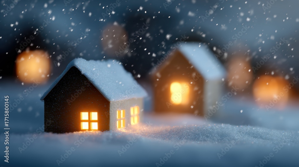 Fototapeta premium winter snowy village background with warm glowing windows and snow