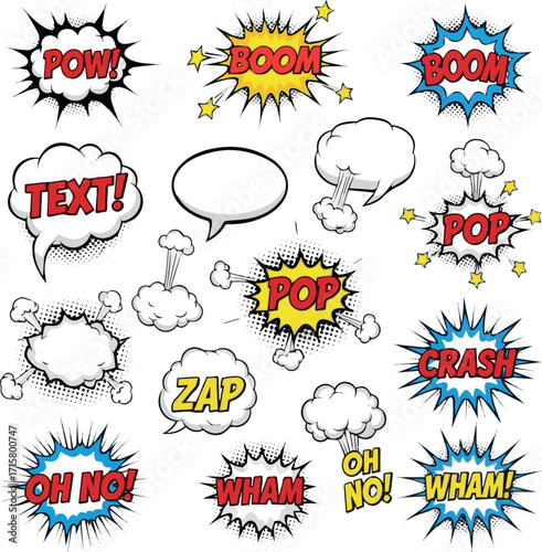 Cartoon comic sign burst clouds. Speech bubble, boom sign expression and pop art text frames. Comics mem expressions speech, superhero book bubbles label. Isolated vector symbols set