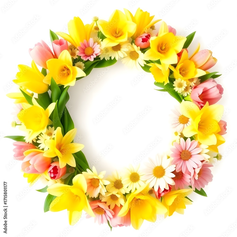 Obraz premium A colorful floral frame design with a bouquet of yellow flowers and pink daisy petals is a beautiful spring nature illustration