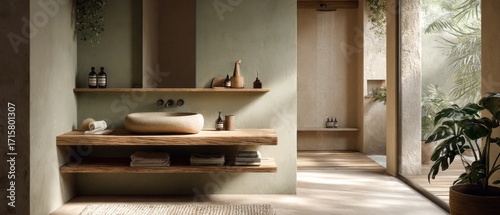 A minimalist bathroom design, featuring natural wood and neutral tones, showcasing a serene and calming atmosphere.