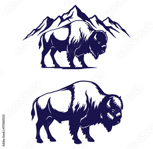 Vector illustrations of american bison with mountain background in a simple outline style