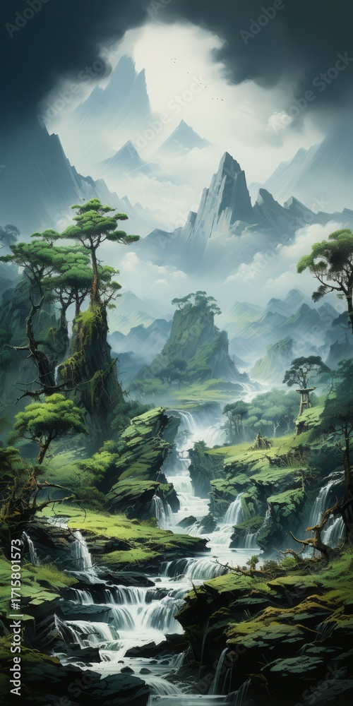 Obraz premium A serene landscape featuring cascading waterfalls, lush greenery, and majestic mountains, creating a tranquil and mystical atmosphere.