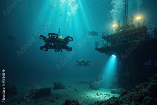 Underwater Scene of Mineral Extraction with Advanced Technology Vehicles