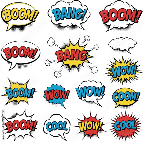 Comic sign clouds. Boom bang, wow and cool speech bubbles. Burst cloud expressions, comics mems humor dialogue bubbles or superheroes speak explode. Isolated cartoon vector signs set.