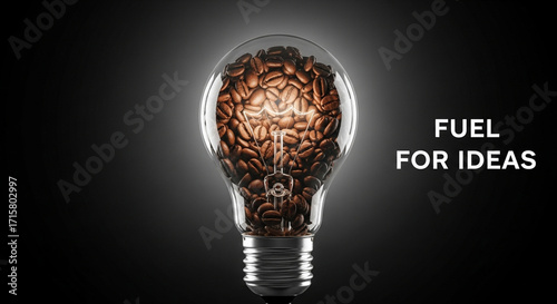A lightbulb filled with coffee beans, symbolizing fuel for ideas and creativity.