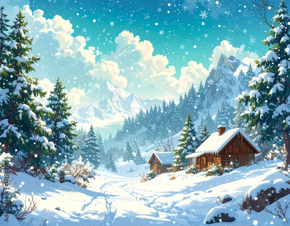 Fototapeta premium Snowy mountain village scene