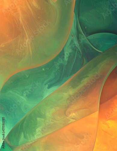 A captivating abstract design featuring swirling hues of emerald green, burnt orange, and amber gold, creating a dynamic and mesmerizing visual effect.