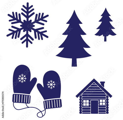 Winter christmas elements snowflake mittens trees and log cabin holiday season symbols