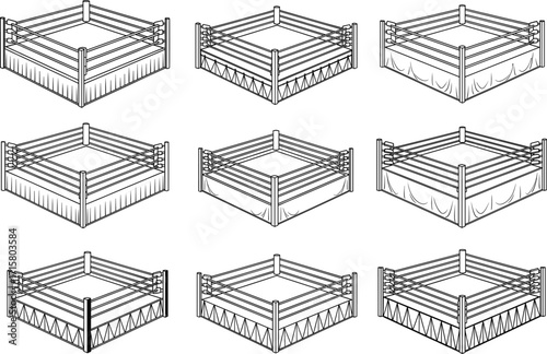 Isometric wrestling ring vector set, combat sports arena icons, professional match stages, ring design variations, silhouette style illustrations, corner post graphics