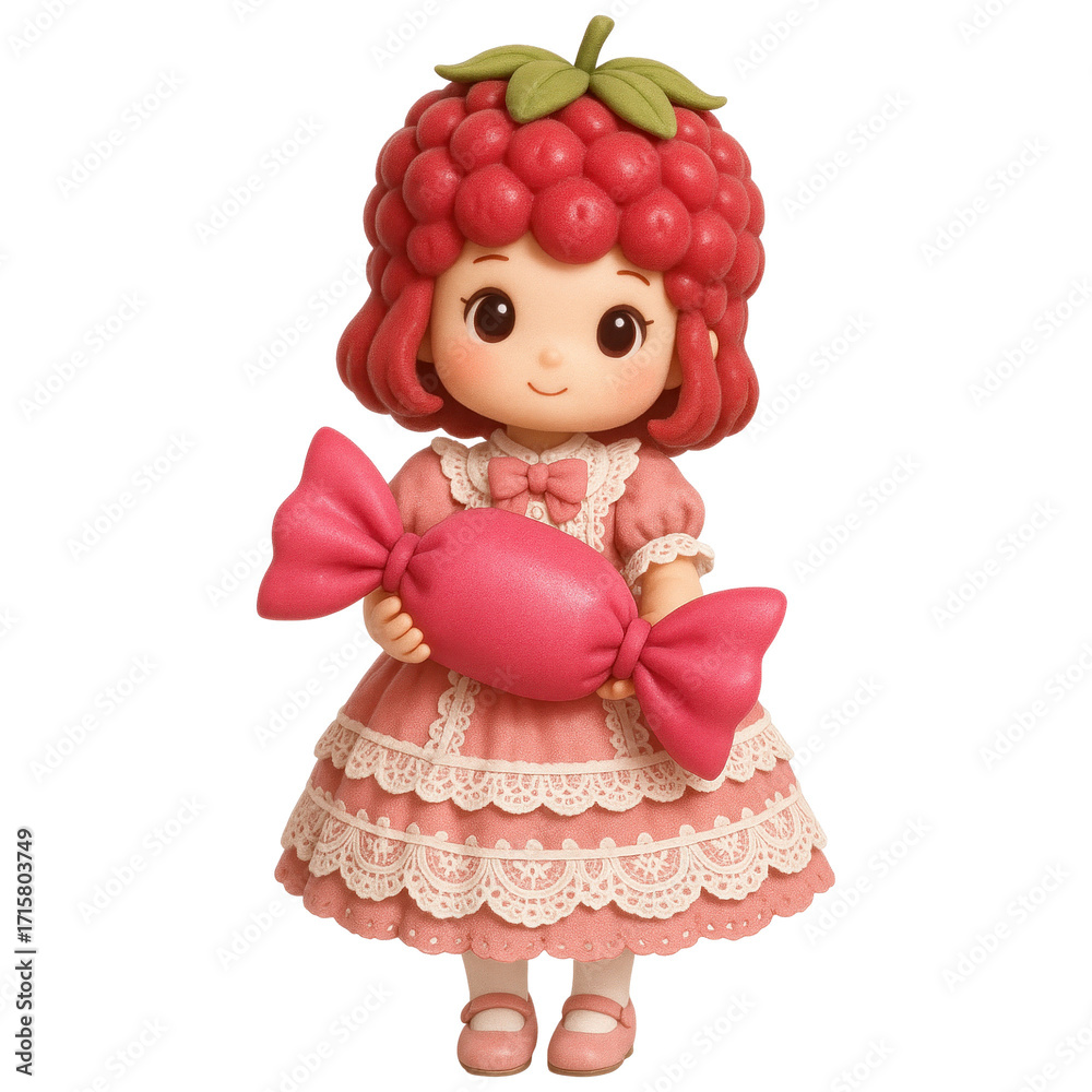 Fototapeta premium Cute Girl Character With Raspberry Hair Holding Pink Candy in Pastel Dress
