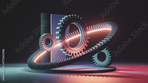 Gears assembled as an industrial artwork on a dark background with copy space