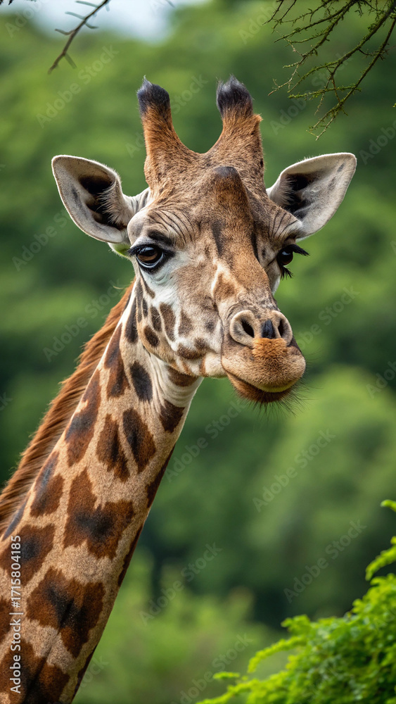 Fototapeta premium Front Facing Giraffe Portrait with Brown Spots and Green Background