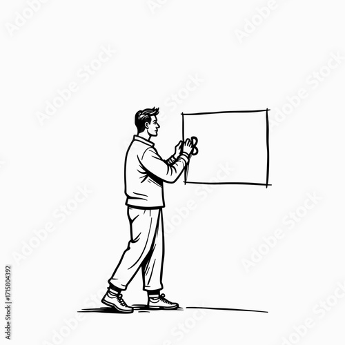 Young man drawing on blank canvas in minimalist indoor setting  