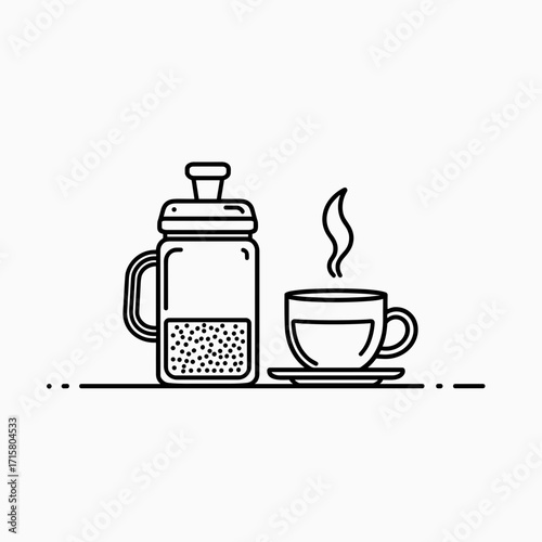 Coffee pot and steaming cup on saucer in minimalistic style  