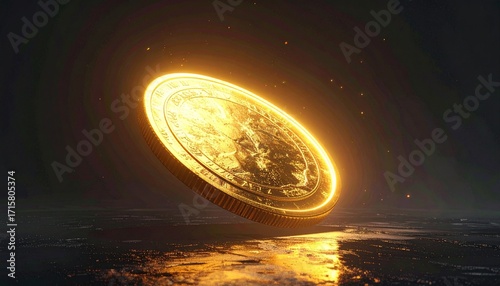 Golden coins floating on a black background