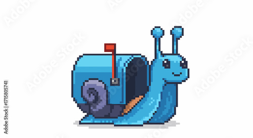 Cute pixel art blue snail carrying a mailbox on its back, with a red flag up, smiling cheerfully.