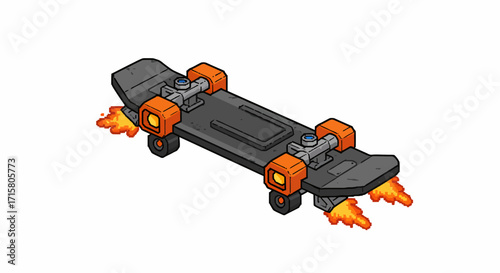 Isometric cartoon illustration of a rocket-powered skateboard with orange wheels and fiery thrusters, ready for futuristic fun.