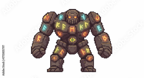 Pixel art stone golem with glowing ancient runes on its body, standing upright, a fantasy game character sprite.
