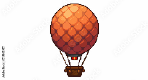 Pixel art illustration of a vintage-style hot air balloon with an orange textured envelope and a brown basket, isolated on white.