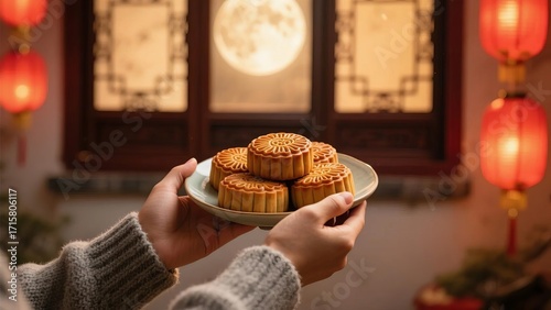 Person holding a plate of mooncakes during a festive evening with lanterns and a full moon in the background