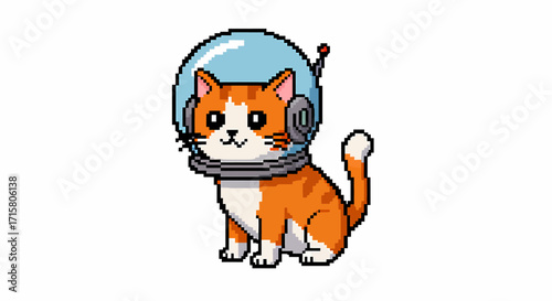 Pixel art illustration of an adorable orange and white cat wearing an astronaut helmet, sitting and looking forward.