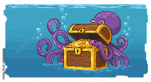 A pixel art illustration of a purple octopus opening a wooden treasure chest filled with gold coins and a large gem underwater, with bubbles rising.