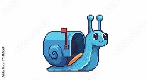Cute pixel art blue snail with a mailbox on its shell, smiling and looking forward, on a white background.