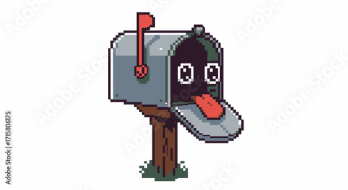 A charming pixel art illustration of an anthropomorphic grey mailbox with large eyes and a red tongue sticking out, standing on a wooden post with green grass.