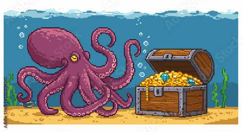 Pixel art illustration of a purple octopus guarding an open treasure chest filled with gold and jewels on the sandy ocean floor.