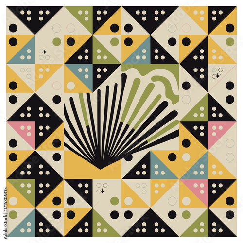 a seamless vector tile of geometric quartered squares and circular dot motifs framing a bold radiating fan motif, rendered in coral, mustard, olive, teal and black on a warm beige ground.