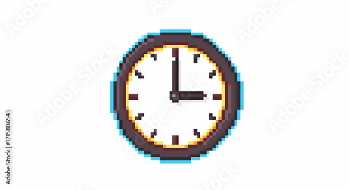 Pixel art illustration of a round wall clock showing 3 o'clock with a light blue outline on a white background.