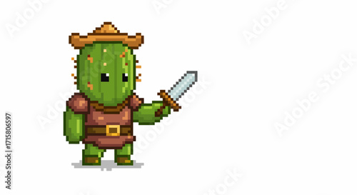 Pixel art cactus warrior character wearing a hat and armor, holding a sword, ready for adventure on a white background.