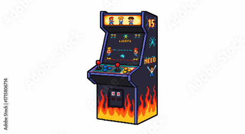 Pixel art illustration of a vintage arcade game machine with a fiery design, displaying a classic video game on its screen.