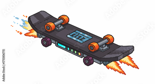 Pixel art illustration of a futuristic rocket-powered skateboard flying with flames and a glowing energy bar.