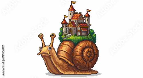 Pixel art illustration of a brown snail carrying a fantasy castle on its back, with green grass and flags on a white background.