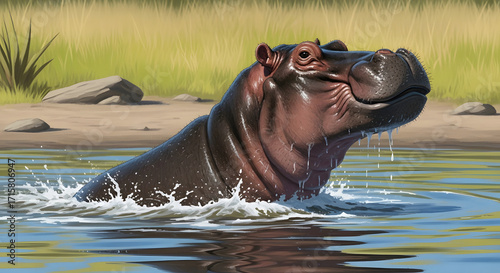 Joyful Hippopotamus Enjoying a Watery Splash