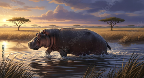 Majestic Hippo Wading in a Serene African Sunset